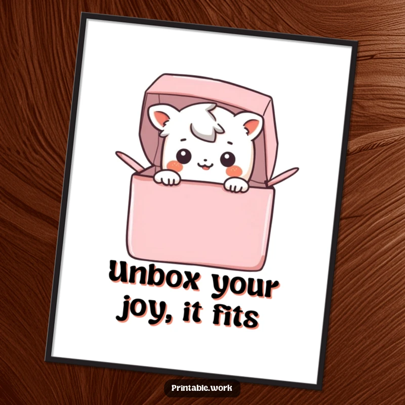 Funny Free Printable Wall Art: A happy Kawaii character peeks from a colorful box, bringing joy and quirky charm to any room.