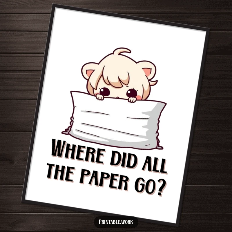 Funny Free Printable Wall Art: Mischievous Kawaii character peeking from behind a large pile of paper, adding a playful, secretive vibe to decor.