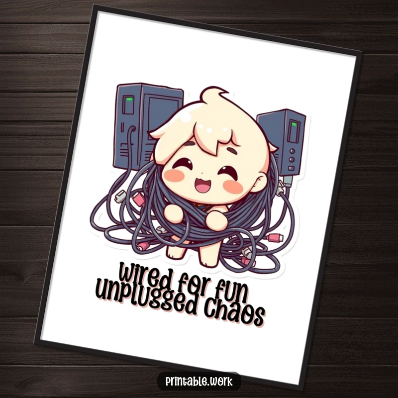 Funny Free Printable Wall Art: Character wrapped in computer cables, modern tech humor decor