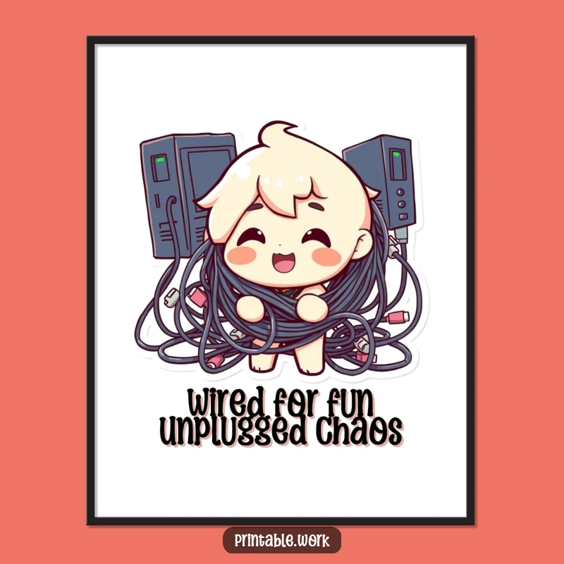 Free Printable Funny Wall Art: Tangled Cables Tech Humor, Modern Decor Download