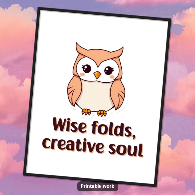 Funny Free Printable Wall Art: Kawaii Owl focused on delicate origami folding, artistic theme. Downloadable art.