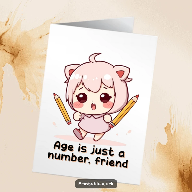 Funny Free Printable Birthday Card: Kawaii character in a comical tumble amidst scattered pencils, celebrating a chaotic birthday wish.