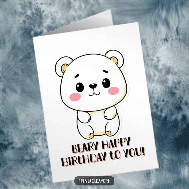 Funny Free Printable Birthday Card: A playful kawaii bear happily uses ink stamps to create a colorful, abstract design for a birthday.