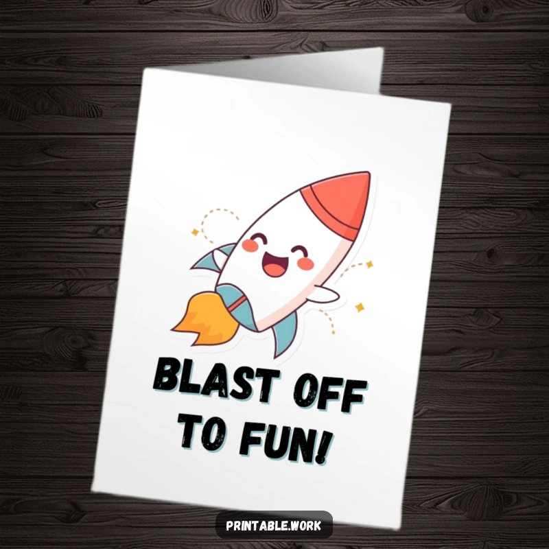 Funny Free Printable Birthday Card: Giggling paper rocket character with flames blasts off into the sky.