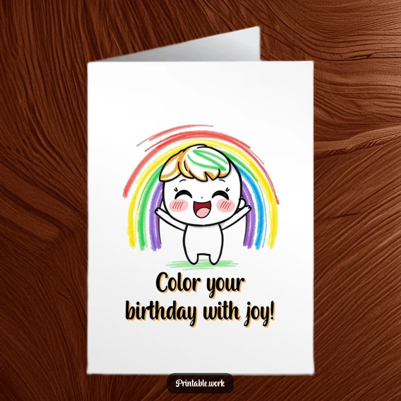 Funny Free Printable Birthday card with a delighted crayon character joyfully drawing a vibrant rainbow with energetic strokes, celebrating happiness.