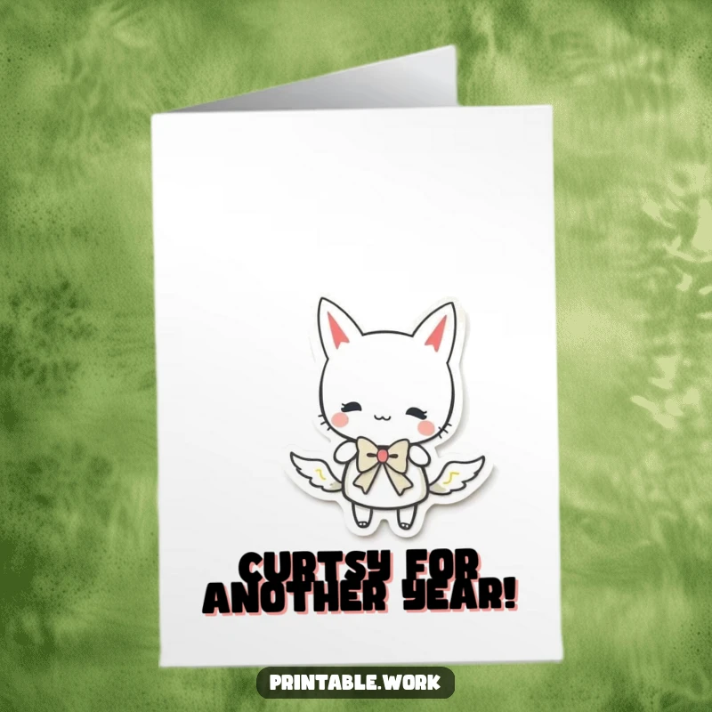 Funny Free Printable Birthday Card: A paper character performs a graceful curtsy with a ribbon bow. Elegant downloadable art.