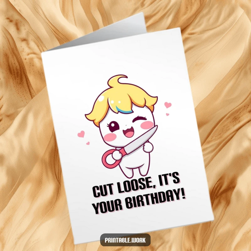 Funny Free Printable Birthday Card: Cheerful Kawaii character winking mischievously while holding open scissors, wishing a happy birthday.