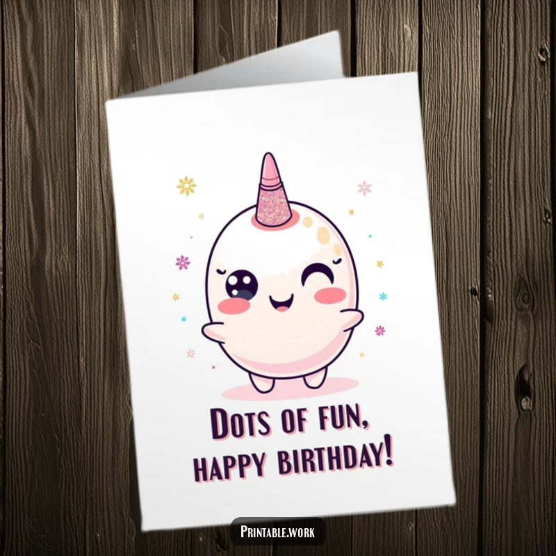 Funny Free Printable Birthday Card featuring a happy glitter glue character dispensing shimmering dots of celebration.