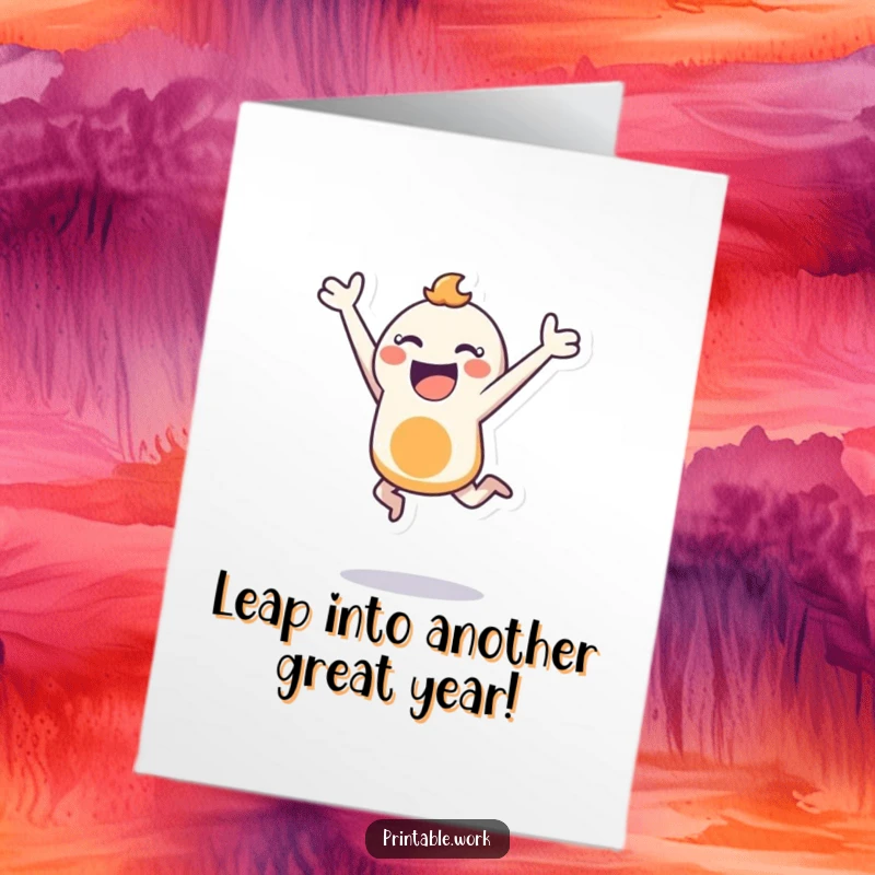 Funny Free Printable Birthday Card: Bouncing character performs an energetic leap while holding a stencil.