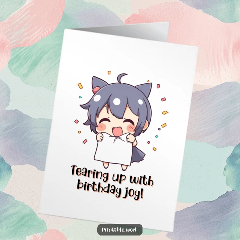 Funny free printable birthday card featuring a character excitedly tearing paper, sending a shower of colorful confetti flying.
