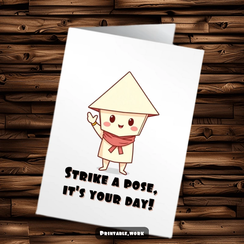 Funny Free Printable Birthday Card: Dapper paper character in a folded hat striking a confident, celebratory pose.