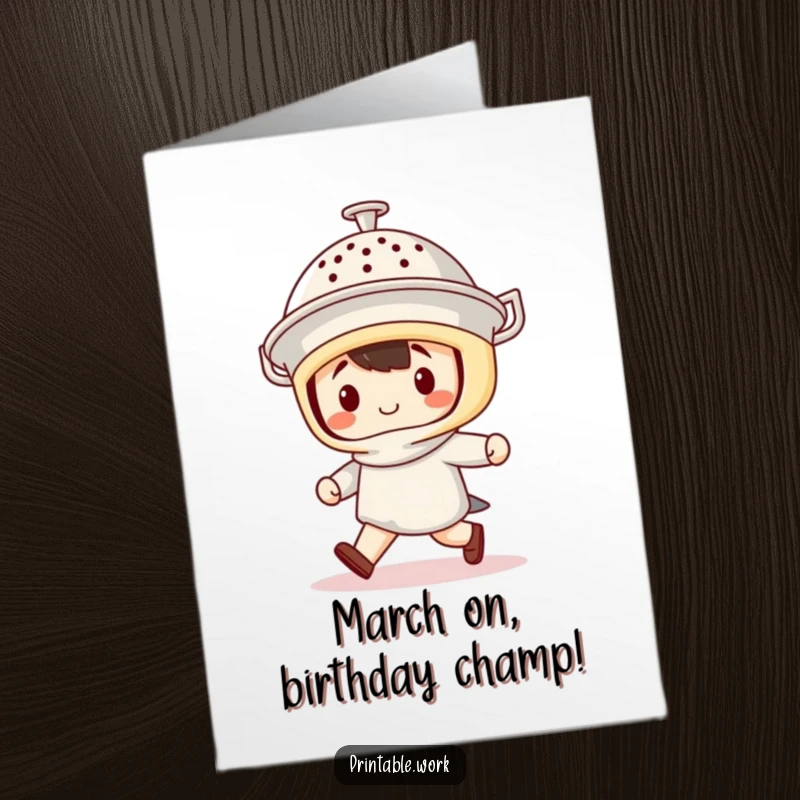 Funny Free Printable Birthday Card shows a Kawaii character marching proudly with a colander as a helmet, ready for fun.