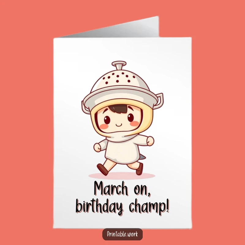 Free Printable Birthday Card: Funny Colander Helmet Kawaii Marching Greeting