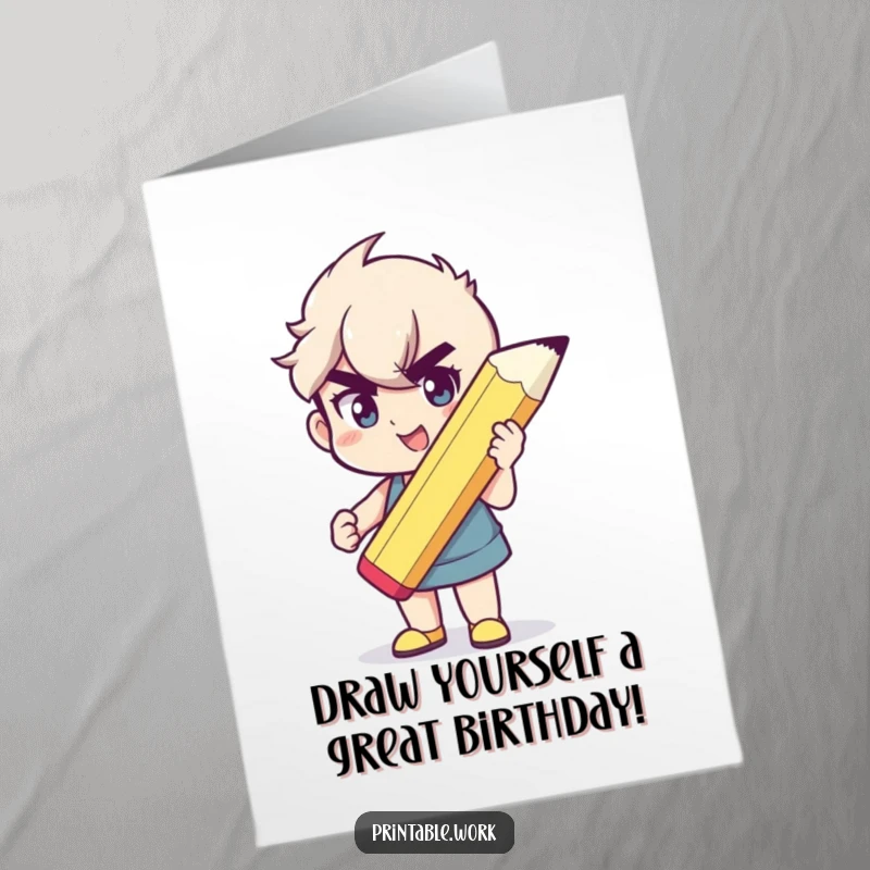 Funny Free Printable Happy Birthday Card: Character holding a giant pencil with a determined smile, ready to write happy birthday wishes.