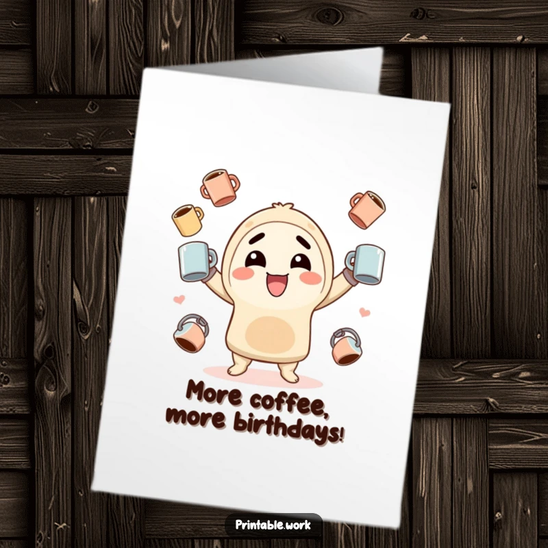 Funny Free Printable Birthday Card featuring a grinning Kawaii character expertly juggling steaming coffee mugs, ready to celebrate.