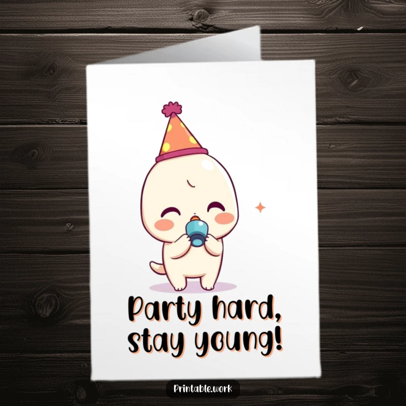 Funny Free Printable Birthday Card: Kawaii character in party hat, joyfully blowing a colorful noisemaker for a festive celebration.