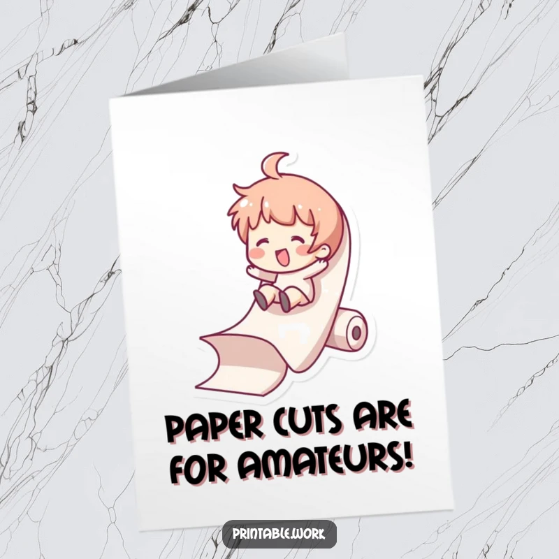 Funny free printable birthday card featuring a character joyfully sliding down a giant roll of paper like a playground slide.