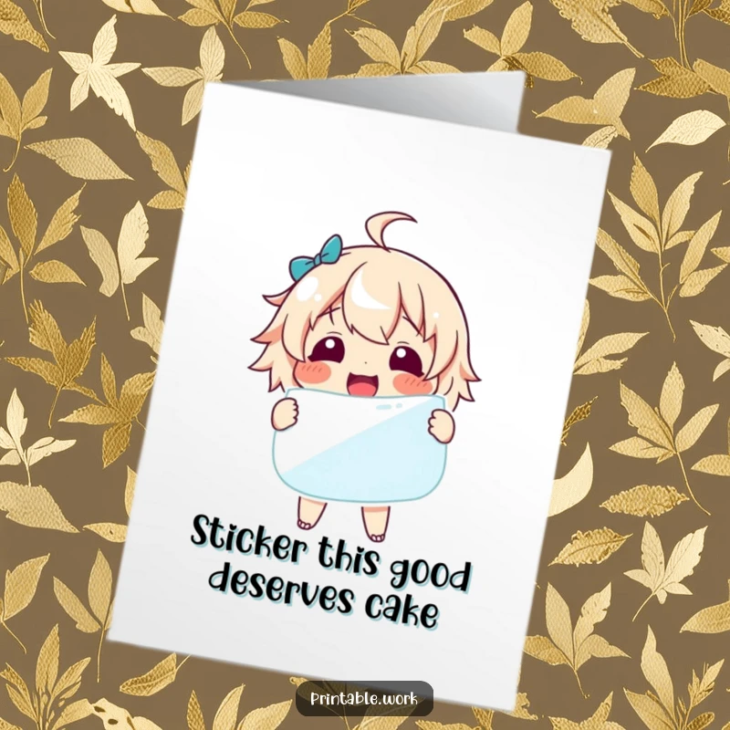 Funny Free Printable Birthday Card: Character joyfully holds a huge sticker, celebrating special moments.