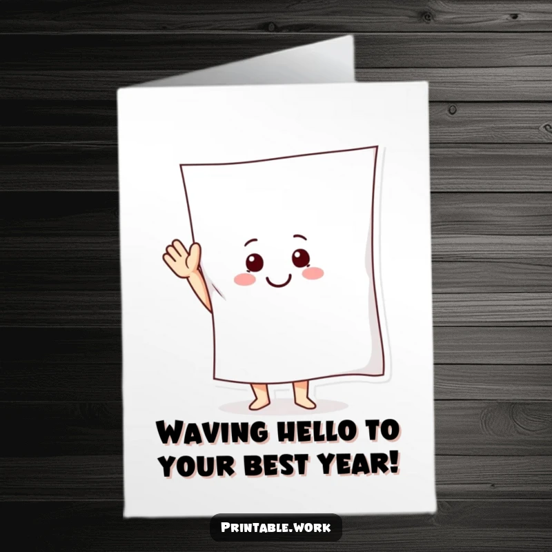 Funny Free Printable Birthday Card: Smiling paper character enthusiastically waving a giant gift sheet, ready to party.