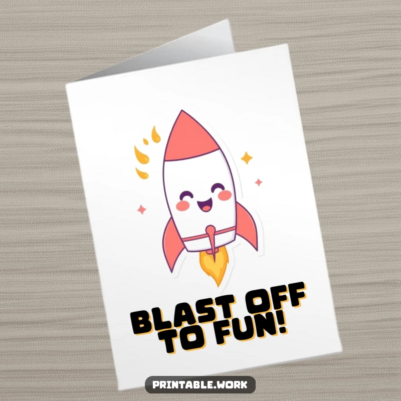 Funny Free Printable Birthday Card: A giggling paper rocket with fiery flames blasts off with birthday cheer.