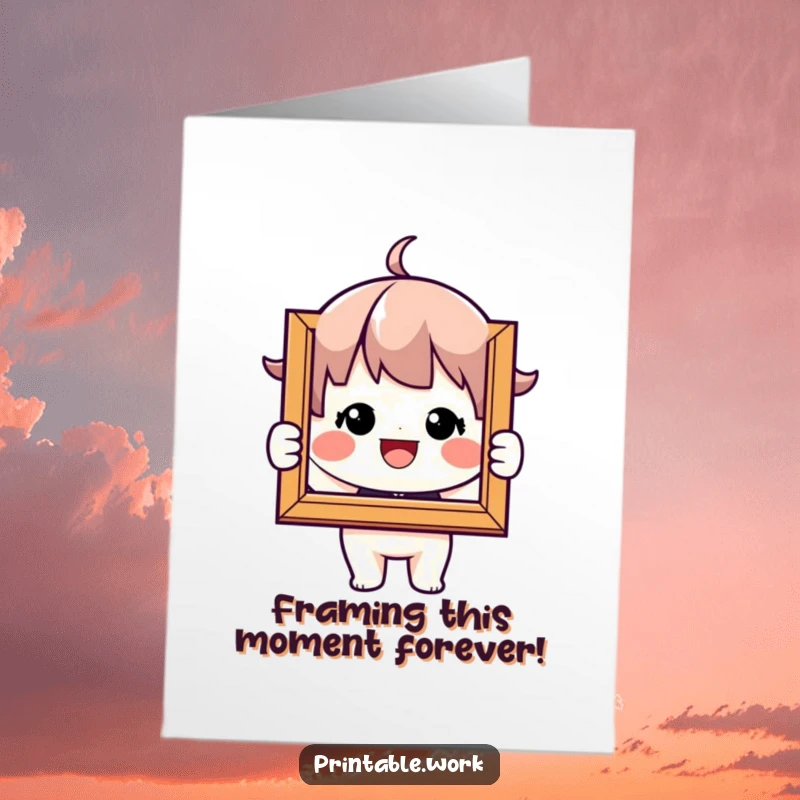 Funny free printable birthday card featuring a character beaming with happiness while proudly holding up a framed picture.