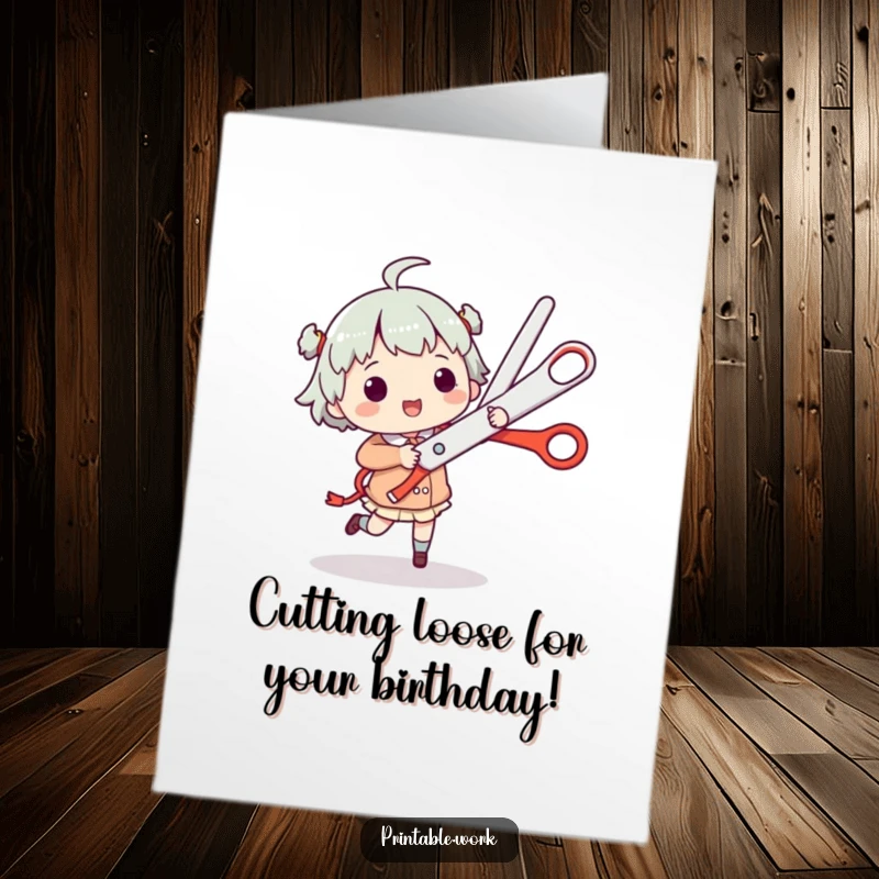 Funny free printable birthday card featuring a character doing a happy jig while enthusiastically holding a giant pair of scissors.