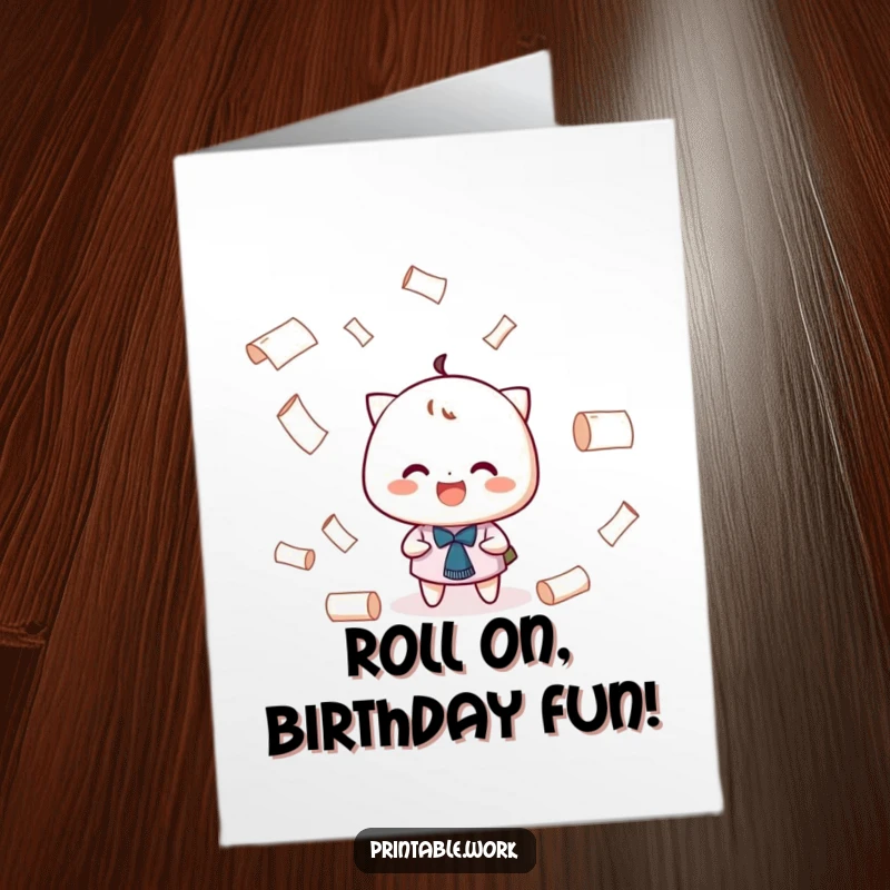Funny Free Printable Birthday Card: Character playfully juggling tiny paper rolls with a wide, mischievous grin.