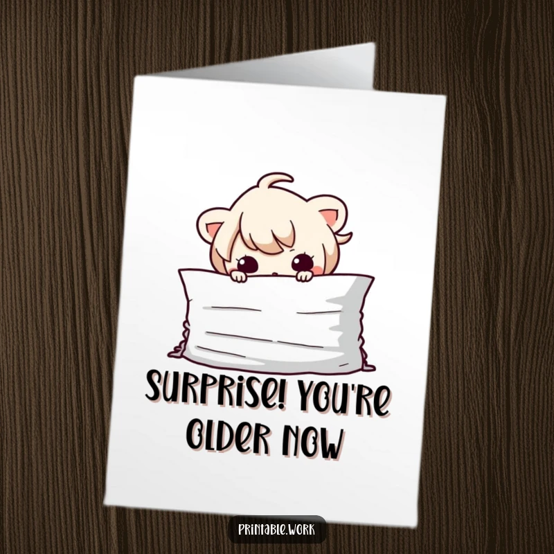 Funny Free Printable Birthday Card: Mischievous Kawaii character peeking from behind a huge stack of paper, plotting birthday fun.