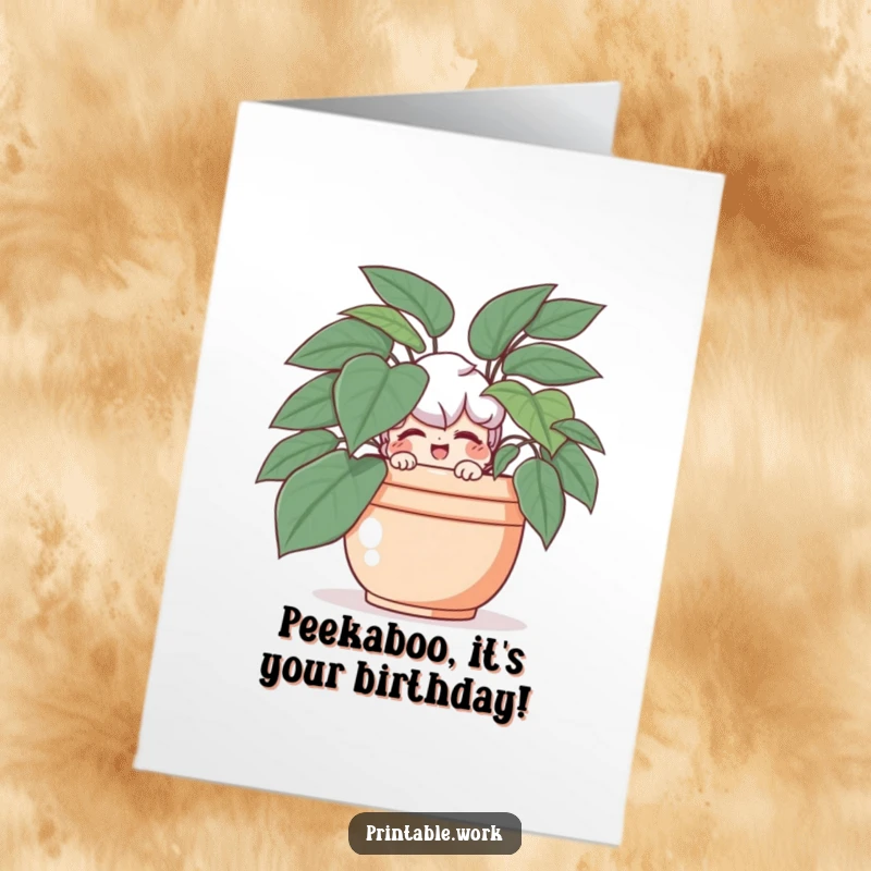 Funny free printable birthday card featuring a playful character peeking out from behind a large potted plant and giving a cheeky wink.