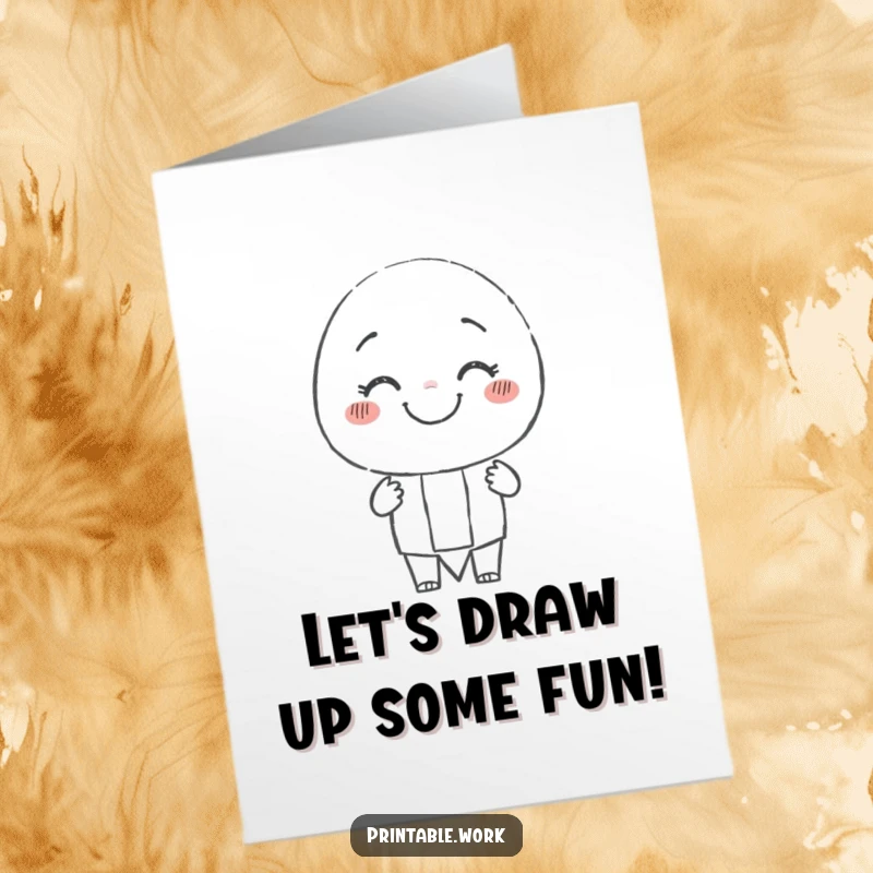 Funny Free Printable Birthday card with a smiling pencil character joyfully drawing a cheerful, wobbly line, representing creative celebration.