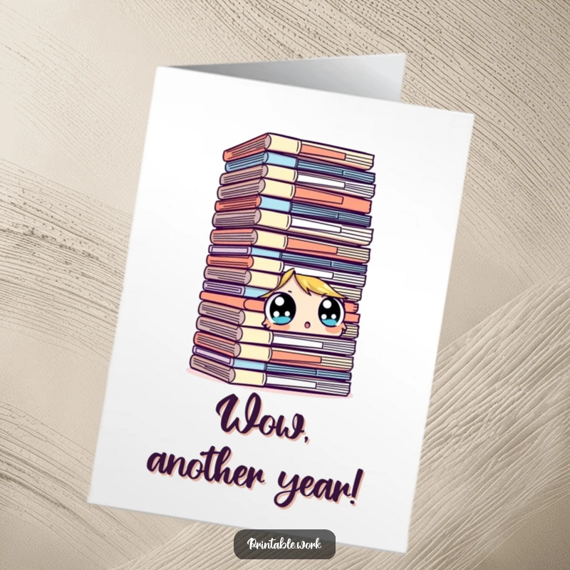 Funny Free Printable Birthday Card: Surprised character staring wide-eyed at a towering stack of files.