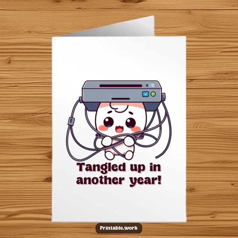 Funny Free Printable Birthday Card: Kawaii character tangled in printer cables with a surprised look, a tech mishap of a card.