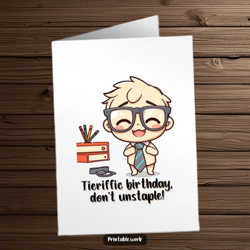 Funny Free Printable Birthday Card: Character stapling tie to desk with big glasses, a humorous office gift