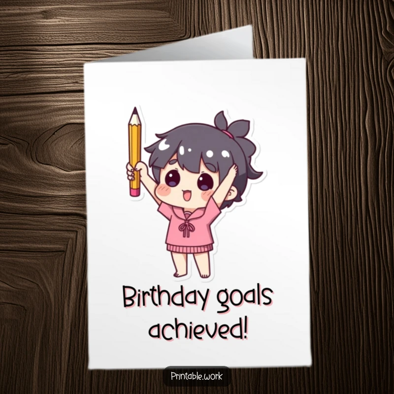 Funny free printable birthday card showing a character triumphantly holding up a single used pencil, celebrating a small victory.