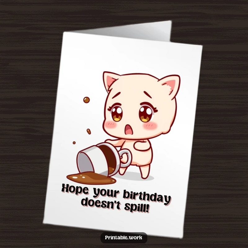 Funny Free Printable Birthday Card: Character with surprised eyes catching spilled coffee mug, chaotic humor
