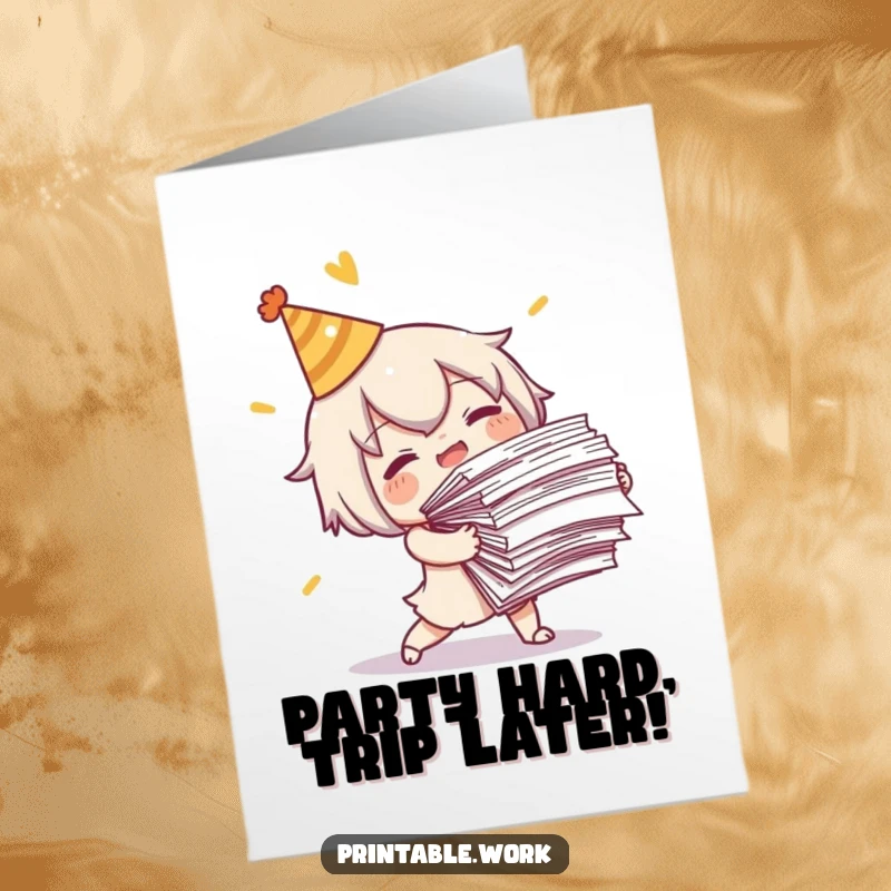 Funny Free Printable Birthday Card: Character in party hat tripping with papers, offering hilarious birthday wishes.