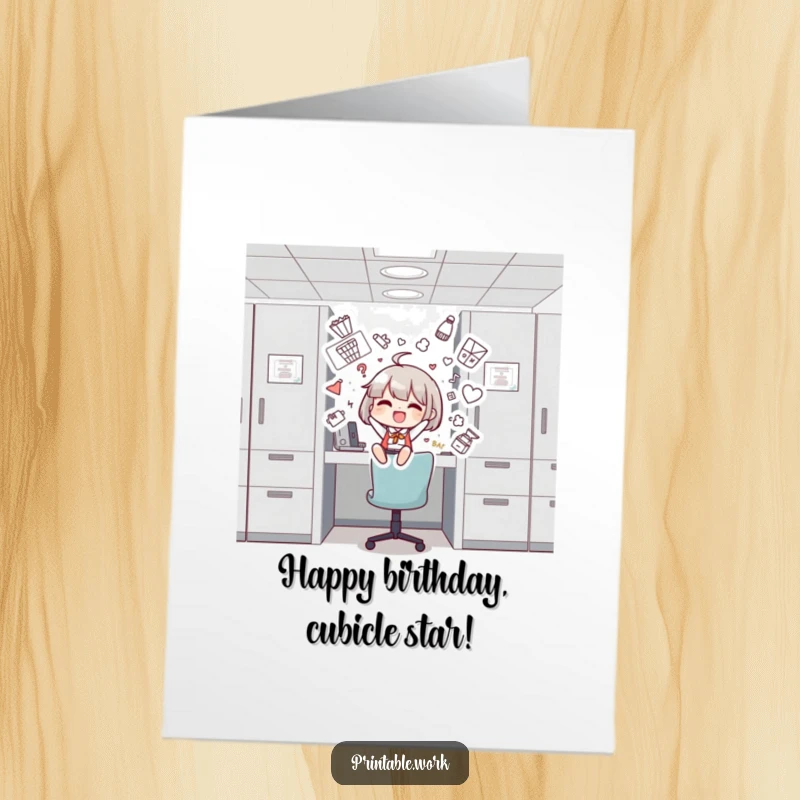 Funny free printable birthday card showing a cheerful character decorating a cubicle with silly drawings, spreading happiness.