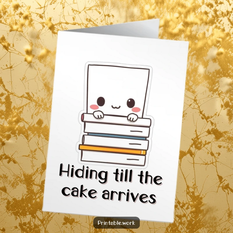 Funny free printable birthday card featuring a cute paper character peeking from behind a stack of documents, a shy but festive surprise.