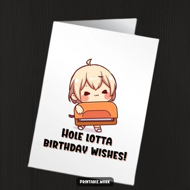 Funny Free Printable Birthday Card: Character struggling comically with a ridiculously oversized, giant hole punch.