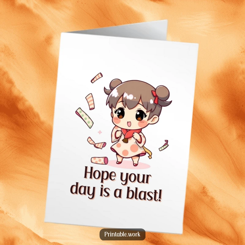 Funny Free Printable Happy Birthday Card: Character comically juggling small colorful paper rolls, celebrating a festive occasion with flair.