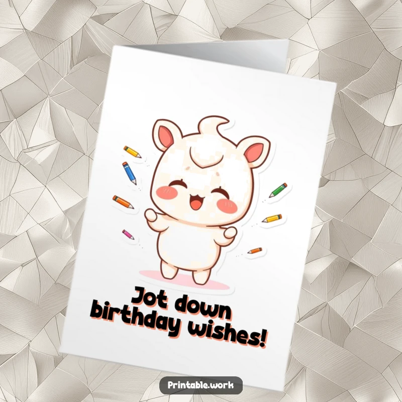 Funny Free Printable Birthday Card: A giggling Kawaii character skillfully juggles small, vibrant pens, creating a scene of playful artistry.