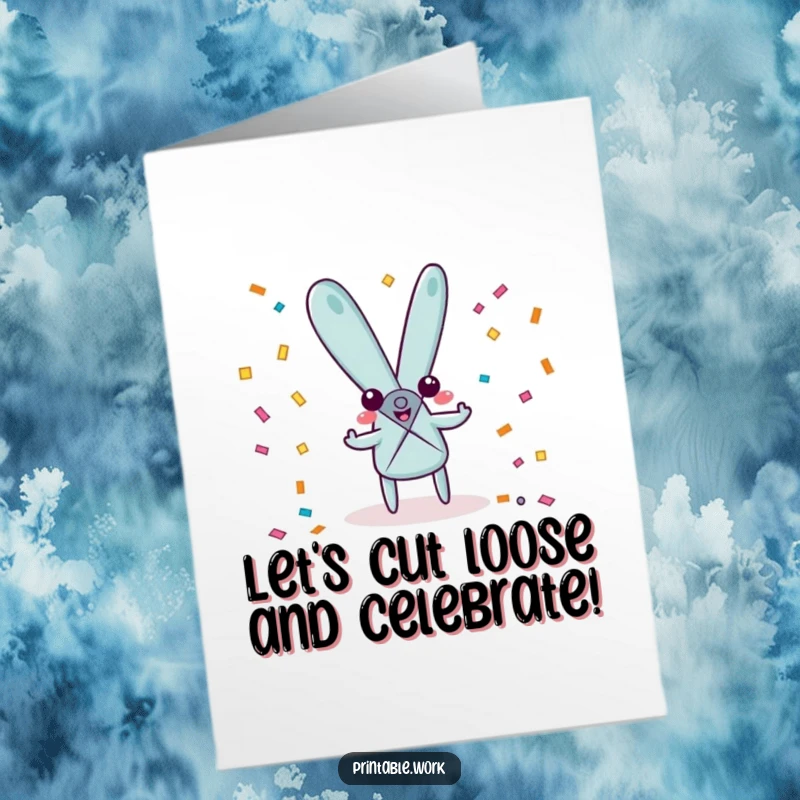 Funny Free Printable Birthday card featuring a playful pair of scissors character energetically snipping colorful confetti, celebrating a joyful occasion.