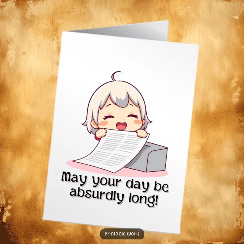 Funny Free Printable Birthday Card featuring a giggling character overwhelmed by a ridiculously long print job.