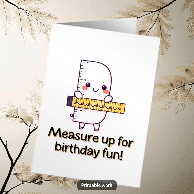 Funny Free Printable Birthday Card: A playful ruler character cheerfully measures a comical series of uneven zigzags.