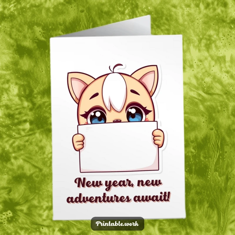 Funny Free Printable Birthday Card: Curious character gazes with wide, excited eyes at a blank page.