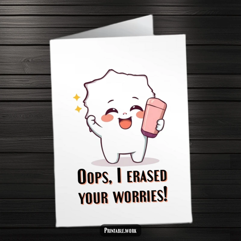 Funny Free Printable Birthday Card: Giggling character joyfully uses a giant eraser to reveal a surprise.