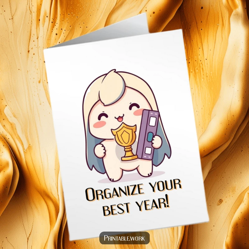 Funny Free Printable Birthday Card: A joyous Kawaii character proudly holds a perfectly organized binder aloft like a cherished trophy, celebrating order.