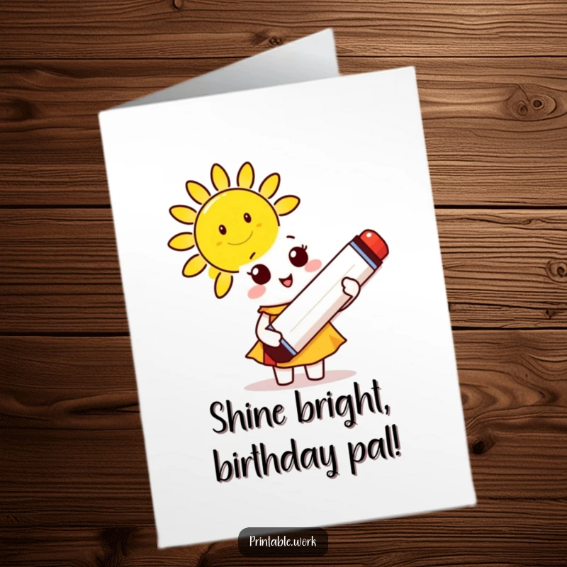 Funny free printable birthday card depicting a cute character drawing a smiling sun with a giant marker, spreading happiness.