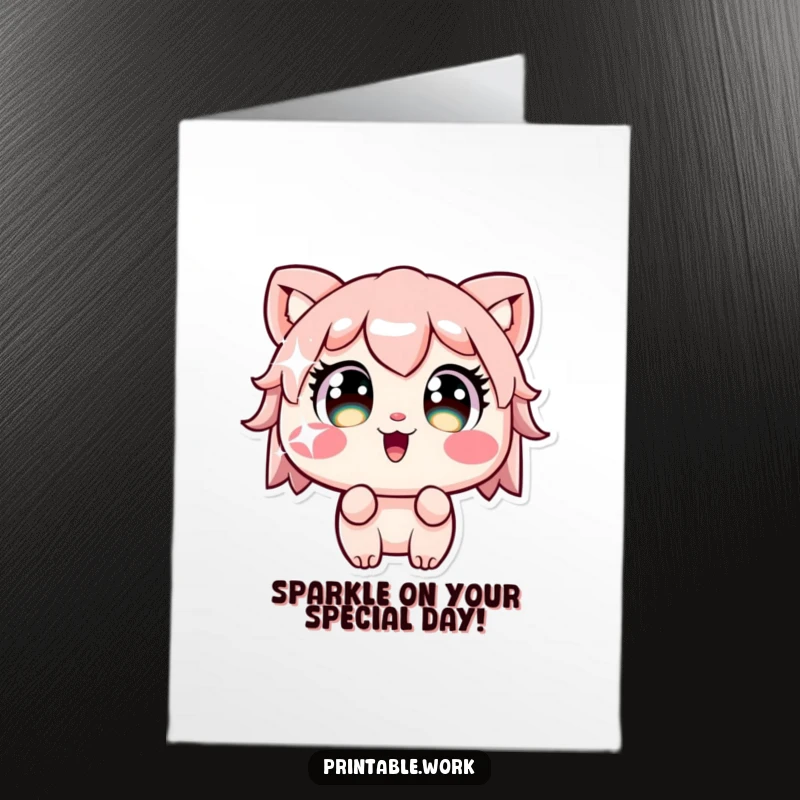 Funny Free Printable Birthday Card: Kawaii character wide-eyed, mesmerized by a spectacularly sparkling sticker, celebrating birthday joy.