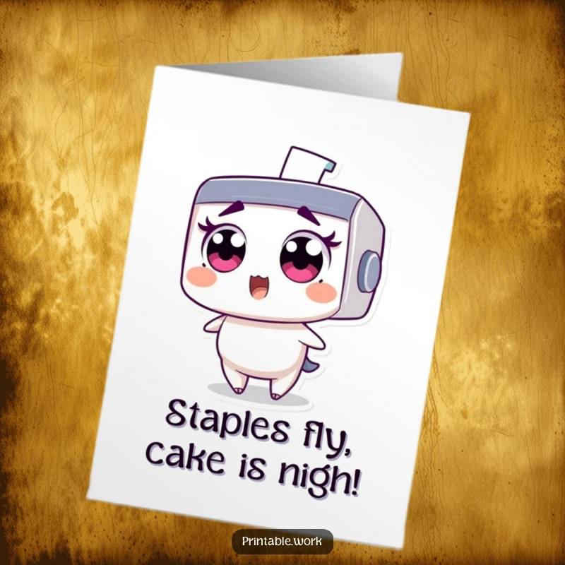 Funny free printable birthday card showing a wide-eyed printer character startled by a flying staple, perfect for office humor.